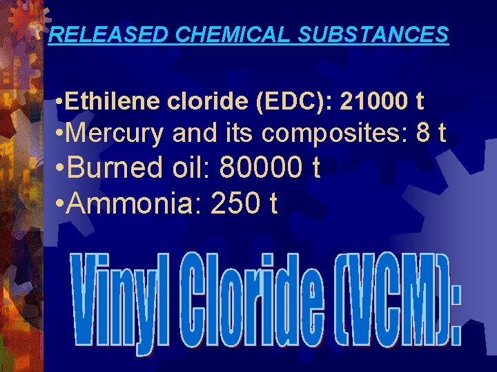 RELEASED CHEMICAL SUBSTANCES • Ethilene cloride (EDC): 21000 t • Mercury and its composites: