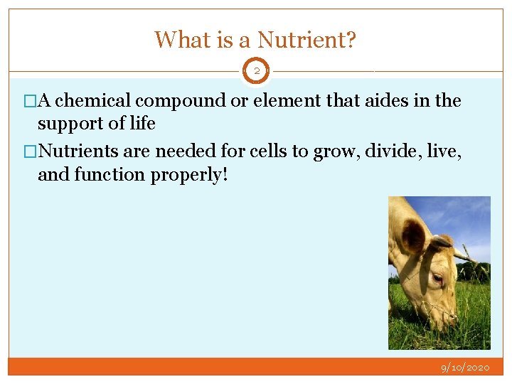 What is a Nutrient? 2 �A chemical compound or element that aides in the