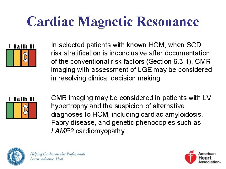 Cardiac Magnetic Resonance I IIa IIb III In selected patients with known HCM, when