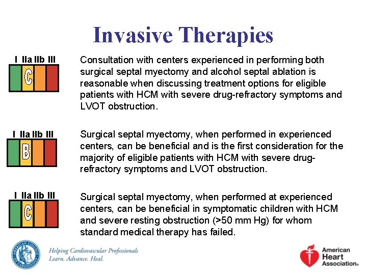 Invasive Therapies I IIa IIb III Consultation with centers experienced in performing both surgical