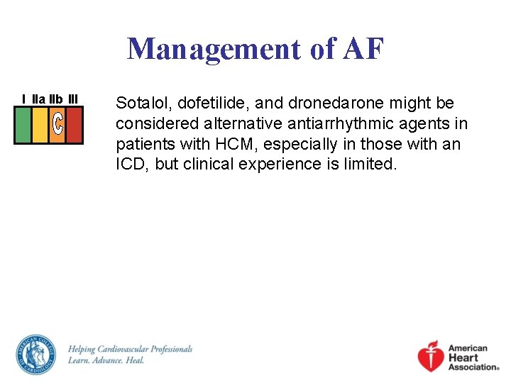 Management of AF I IIa IIb III Sotalol, dofetilide, and dronedarone might be considered