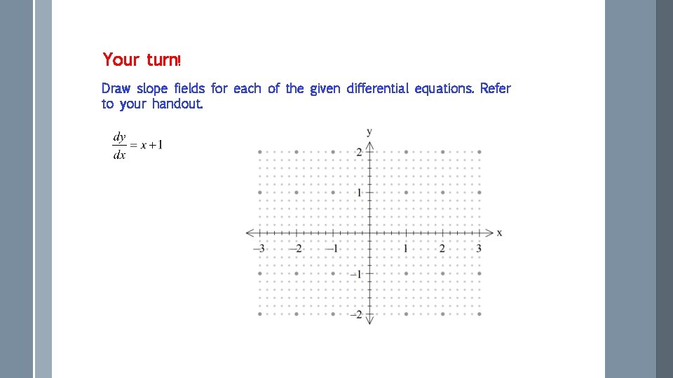 Your turn! Draw slope fields for each of the given differential equations. Refer to