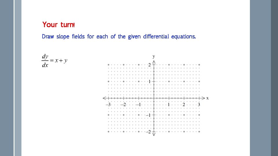 Your turn! Draw slope fields for each of the given differential equations. 