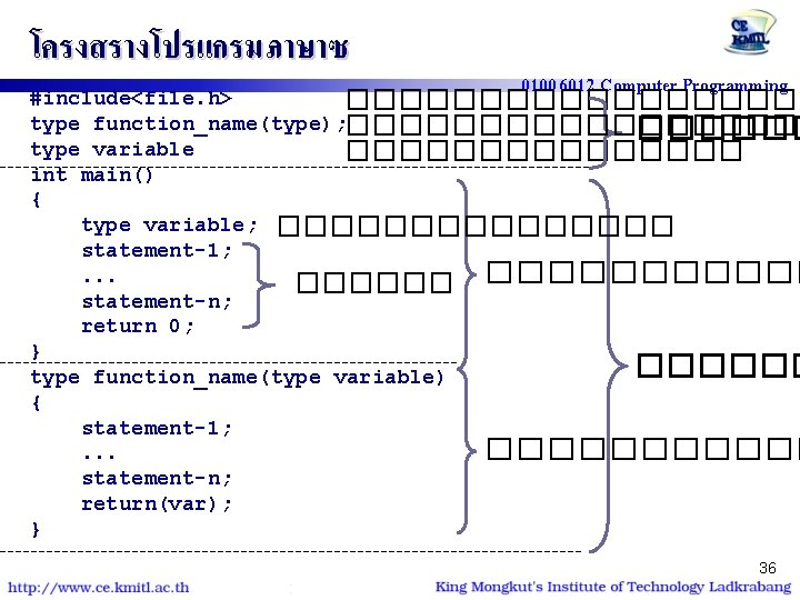 โครงสรางโปรแกรมภาษาซ 01006012 Computer Programming #include<file. h> ��������� type function_name(type); ��������� type variable �������� int