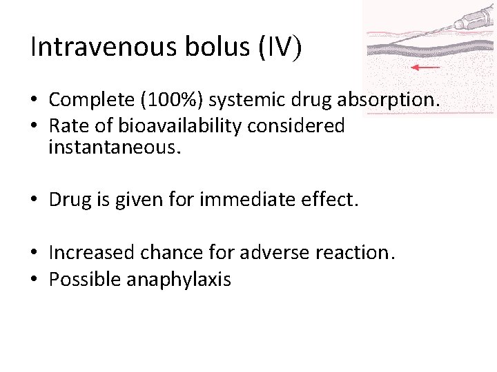 Intravenous bolus (IV) • Complete (100%) systemic drug absorption. • Rate of bioavailability considered