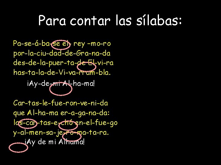 Para contar las sílabas: Pa-se-á-ba-se el- rey –mo-ro por-la-ciu-dad-de-Gra-na-da des-de-la-puer-ta-de El-vi-ra has-ta-la-de-Vi-va-rram-bla. i. Ay-de-mi