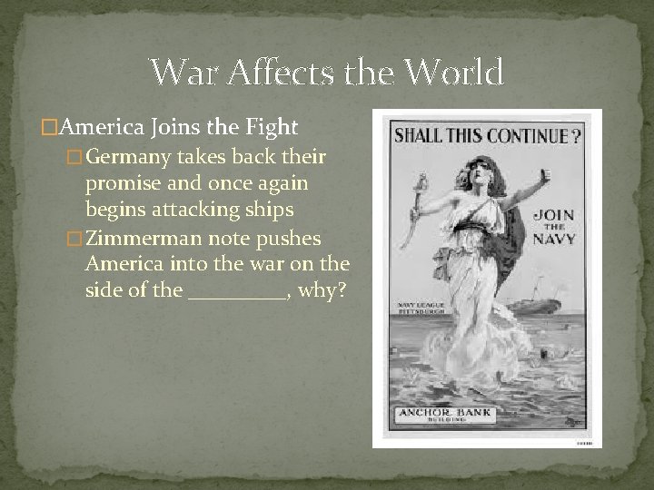 War Affects the World �America Joins the Fight � Germany takes back their promise