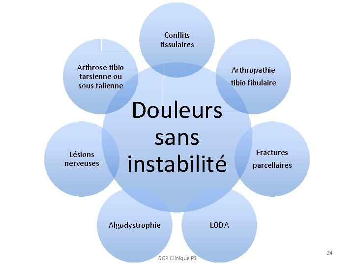 Conflits tissulaires Arthrose tibio tarsienne ou sous talienne Lésions nerveuses Arthropathie tibio fibulaire Douleurs Conflits tissulaires Arthrose tibio tarsienne ou sous talienne Lésions nerveuses Arthropathie tibio fibulaire Douleurs