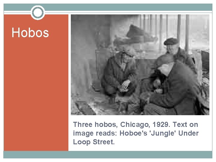 Hobos Three hobos, Chicago, 1929. Text on image reads: Hoboe's 'Jungle' Under Loop Street.