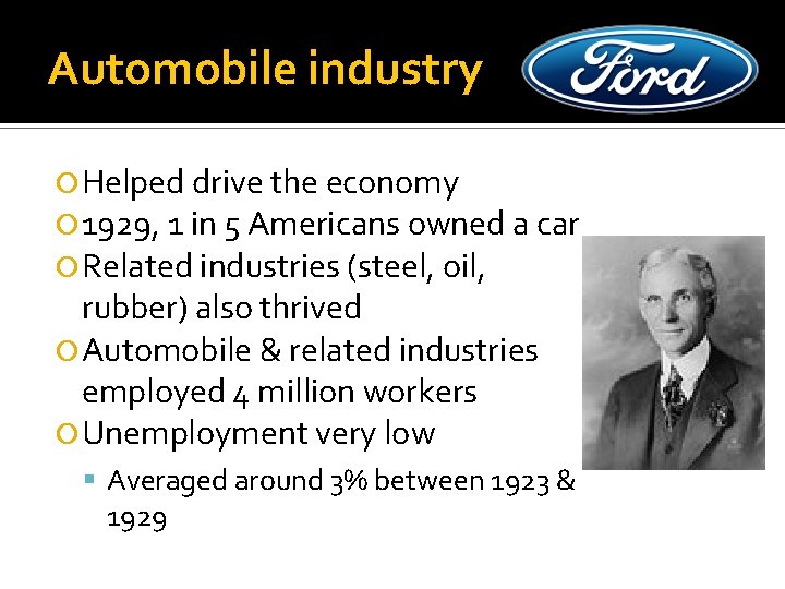 Automobile industry Helped drive the economy 1929, 1 in 5 Americans owned a car