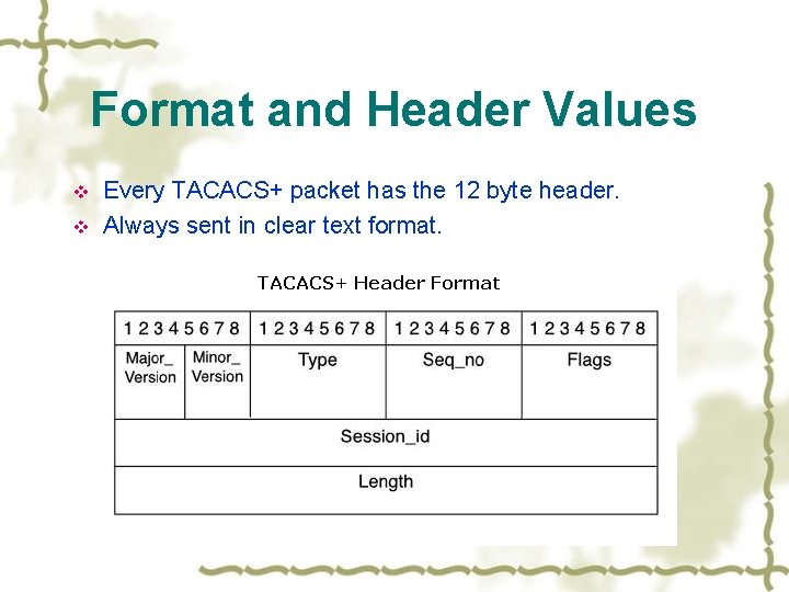 Format and Header Values v v Every TACACS+ packet has the 12 byte header.