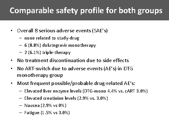 Comparable safety profile for both groups • Overall 8 serious adverse events (SAE’s) –