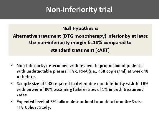 Non-inferiority trial Null Hypothesis: Alternative treatment (DTG monotherapy) inferior by at least the non-inferiority