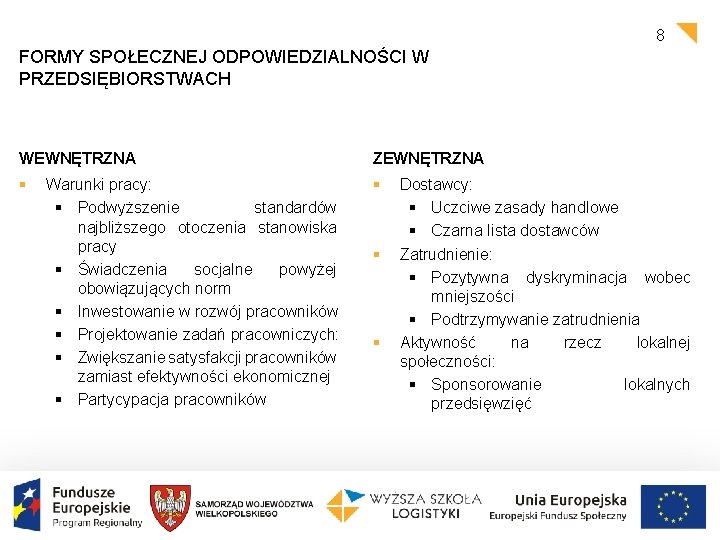 8 FORMY SPOŁECZNEJ ODPOWIEDZIALNOŚCI W PRZEDSIĘBIORSTWACH WEWNĘTRZNA ZEWNĘTRZNA § § Warunki pracy: § Podwyższenie