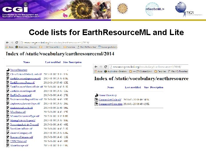 Code lists for Earth. Resource. ML and Lite 