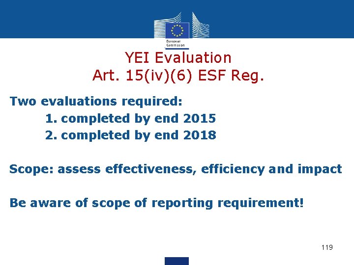 YEI Evaluation Art. 15(iv)(6) ESF Reg. Two evaluations required: 1. completed by end 2015