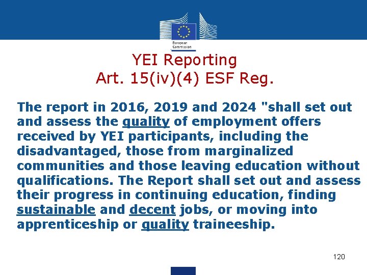 YEI Reporting Art. 15(iv)(4) ESF Reg. The report in 2016, 2019 and 2024 "shall