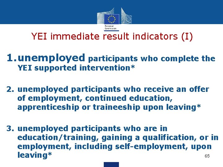 YEI immediate result indicators (I) 1. unemployed participants who complete the YEI supported intervention*