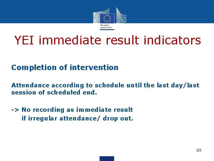 YEI immediate result indicators Completion of intervention Attendance according to schedule until the last