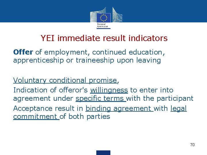 YEI immediate result indicators Offer of employment, continued education, apprenticeship or traineeship upon leaving