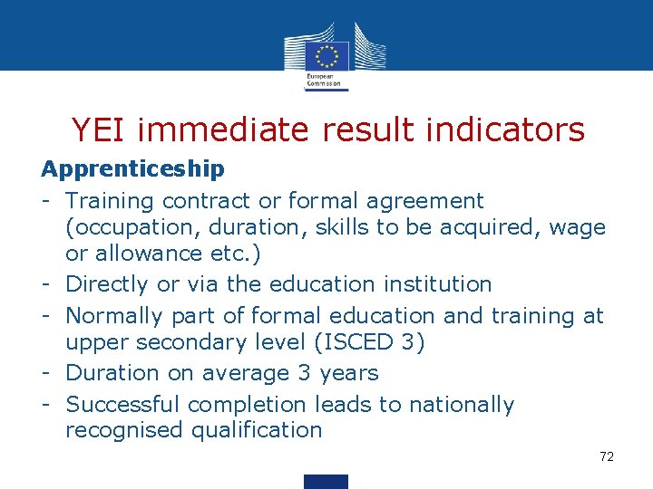 YEI immediate result indicators Apprenticeship - Training contract or formal agreement (occupation, duration, skills