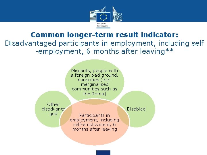 Common longer-term result indicator: Disadvantaged participants in employment, including self -employment, 6 months after