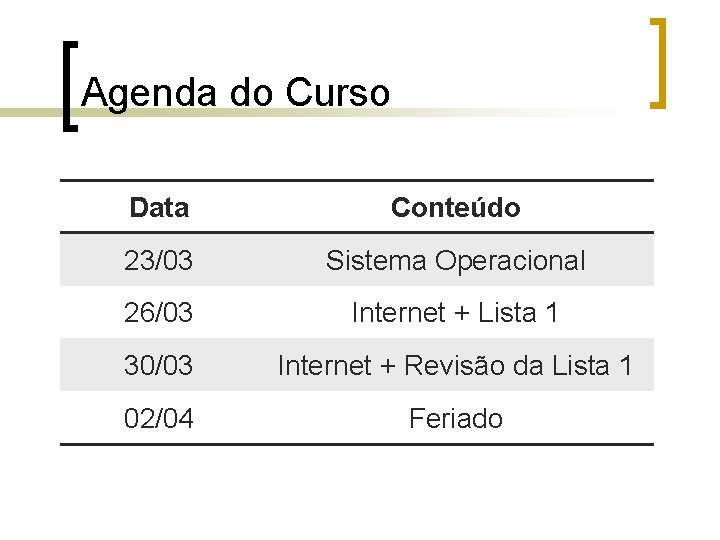 Agenda do Curso Data Conteúdo 23/03 Sistema Operacional 26/03 Internet + Lista 1 30/03