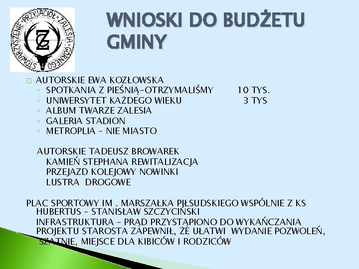 WNIOSKI DO BUDŻETU GMINY � AUTORSKIE EWA KOZŁOWSKA ◦ SPOTKANIA Z PIEŚNIĄ-OTRZYMALIŚMY ◦ UNIWERSYTET