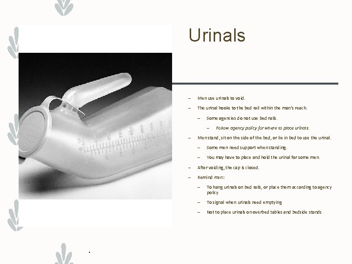 Urinals – Men use urinals to void. – The urinal hooks to the bed