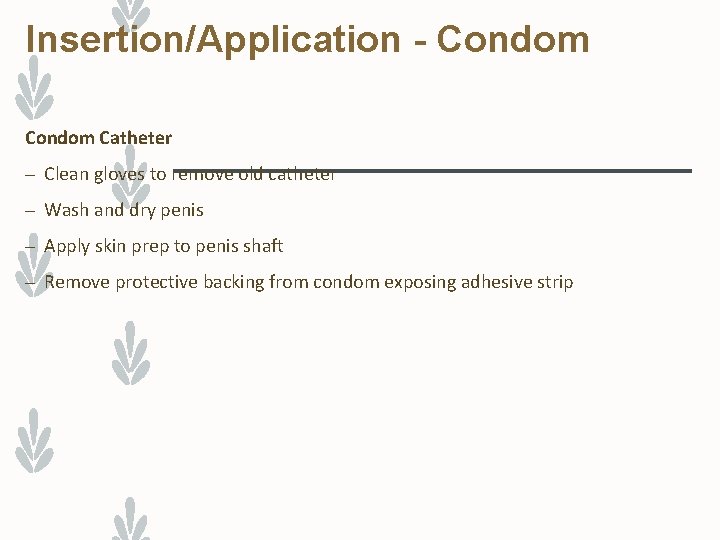 Insertion/Application - Condom Catheter – Clean gloves to remove old catheter – Wash and