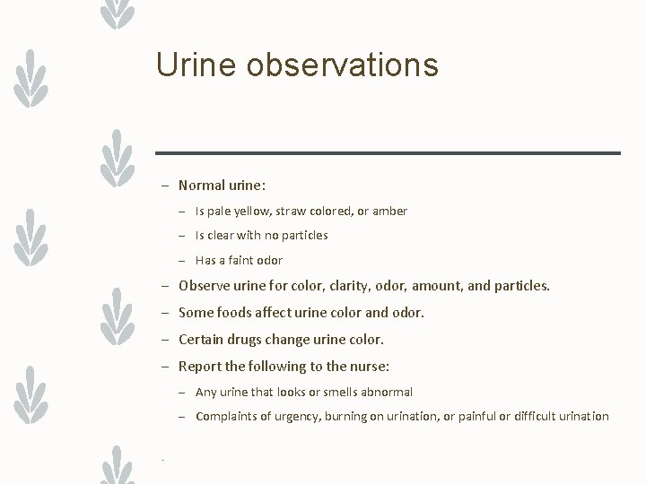 Urine observations – Normal urine: – Is pale yellow, straw colored, or amber –