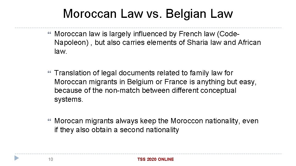 Moroccan Law vs. Belgian Law Moroccan law is largely influenced by French law (Code.