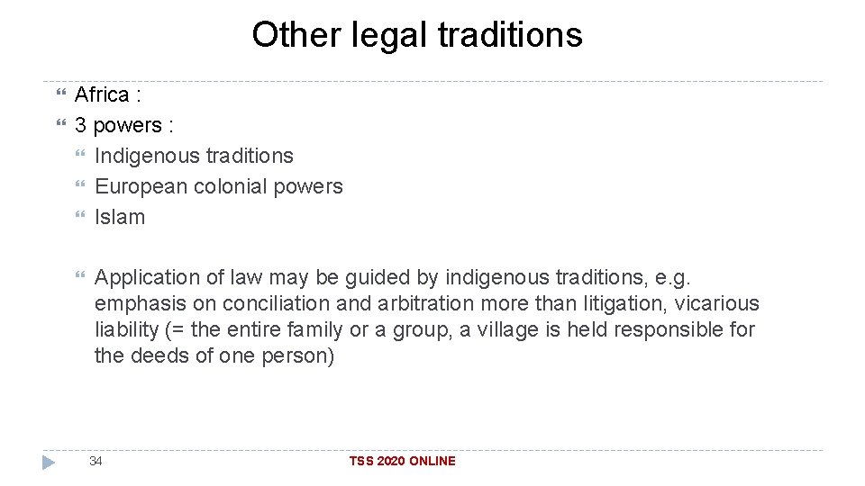 Other legal traditions Africa : 3 powers : Indigenous traditions European colonial powers Islam