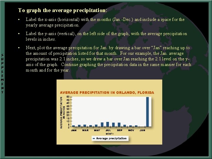 To graph the average precipitation: • Label the x-axis (horizontal) with the months (Jan.