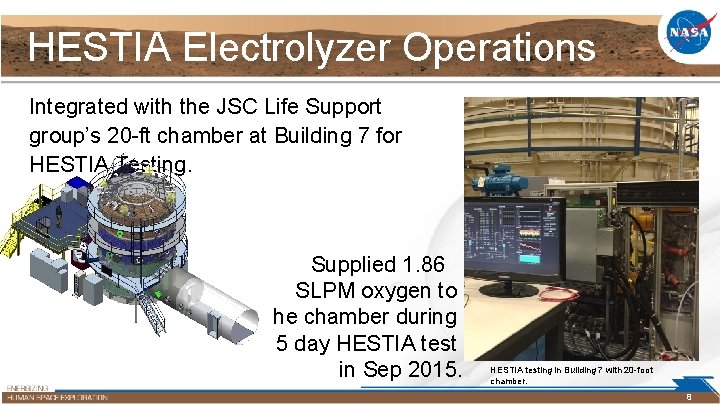 HESTIA Electrolyzer Operations Integrated with the JSC Life Support group’s 20 -ft chamber at