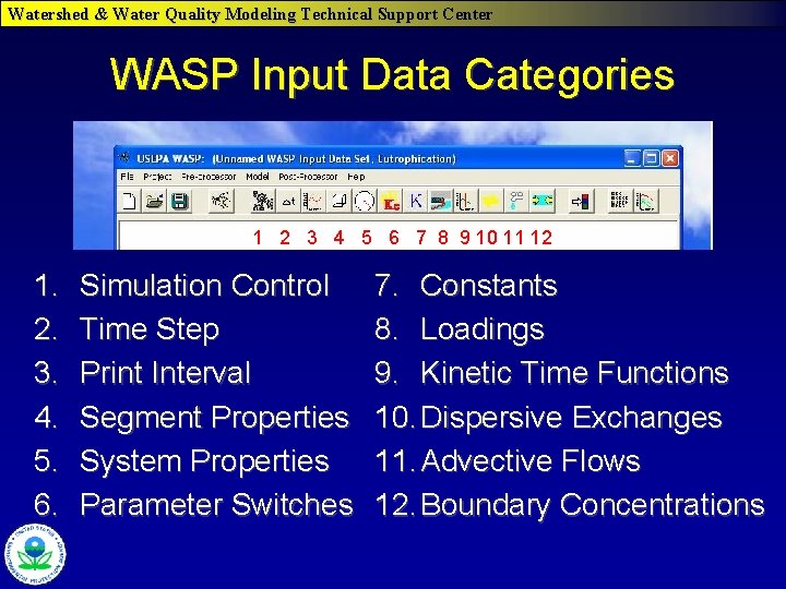 Watershed & Water Quality Modeling Technical Support Center WASP Input Data Categories 1 2