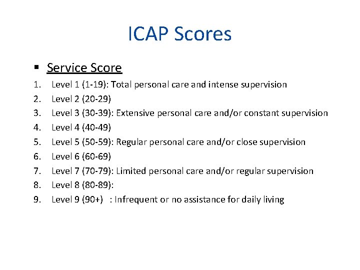 ICAP Scores Service Score 1. 2. 3. 4. 5. 6. 7. 8. 9. Level
