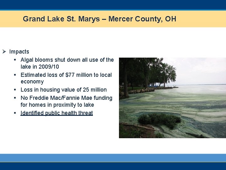 Grand Lake St. Marys – Mercer County, OH Ø Impacts § Algal blooms shut