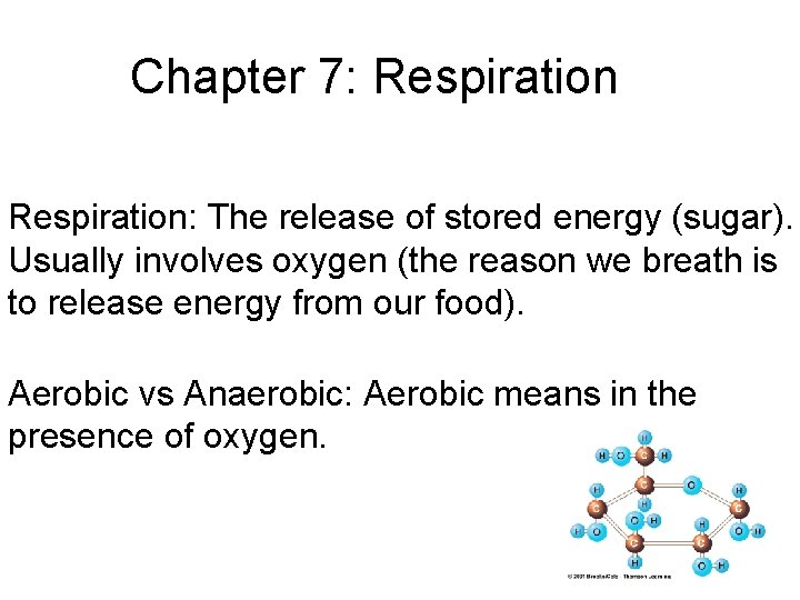 Chapter 7: Respiration: The release of stored energy (sugar). Usually involves oxygen (the reason