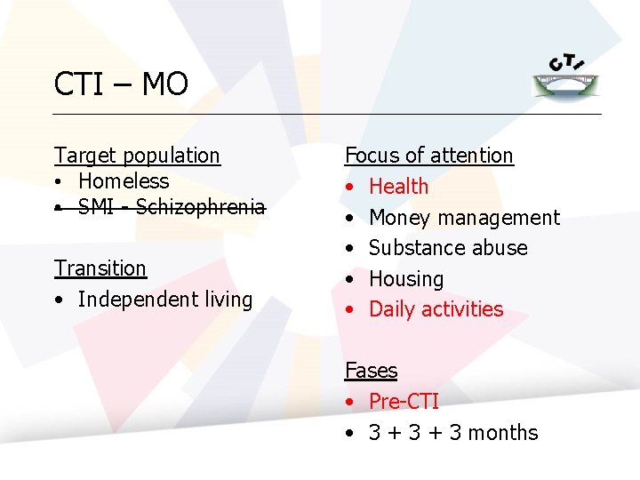 CTI – MO Target population • Homeless • SMI - Schizophrenia Transition • Independent