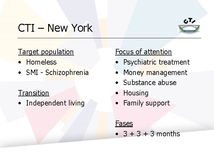 CTI – New York Target population • Homeless • SMI - Schizophrenia Transition •