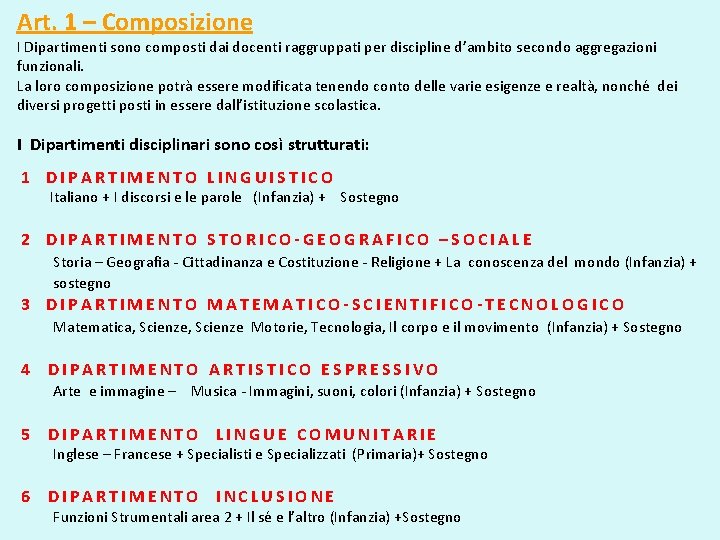 Art. 1 – Composizione I Dipartimenti sono composti dai docenti raggruppati per discipline d’ambito