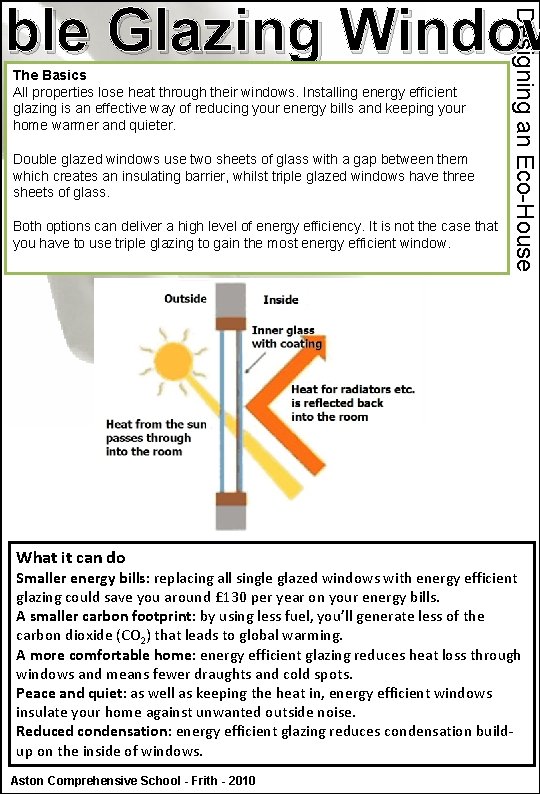 The Basics All properties lose heat through their windows. Installing energy efficient glazing is