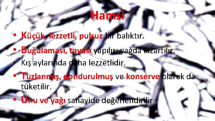 Hamsi • Küçük, lezzetli, pulsuz bir balıktır. • Buğulaması, tavası yapılır; yağda kızartılır. •