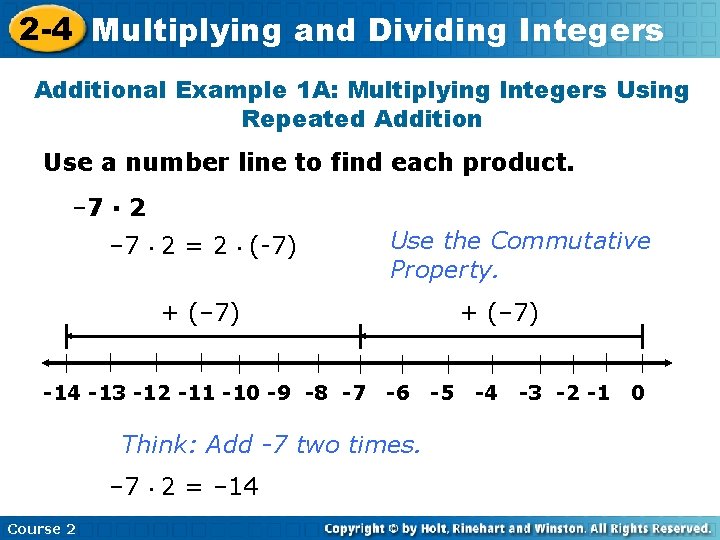 2 -4 Multiplying and Dividing Integers Additional Example 1 A: Multiplying Integers Using Repeated