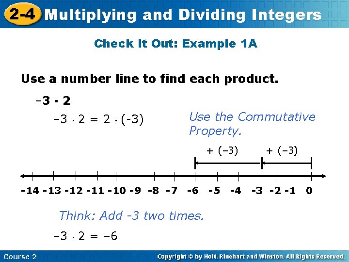 2 -4 Multiplying and Dividing Integers Check It Out: Example 1 A Use a