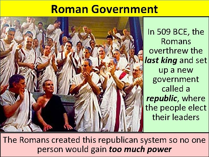 Roman Government In 509 BCE, the Romans overthrew the last king and set up