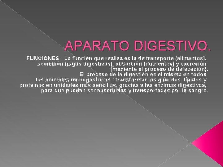 APARATO DIGESTIVO. FUNCIONES : La función que realiza es la de transporte (alimentos), secreción