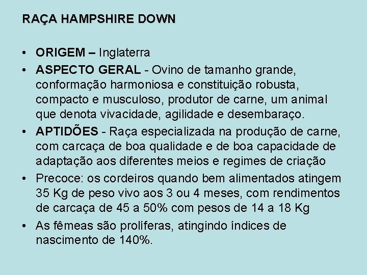 RAÇA HAMPSHIRE DOWN • ORIGEM – Inglaterra • ASPECTO GERAL - Ovino de tamanho