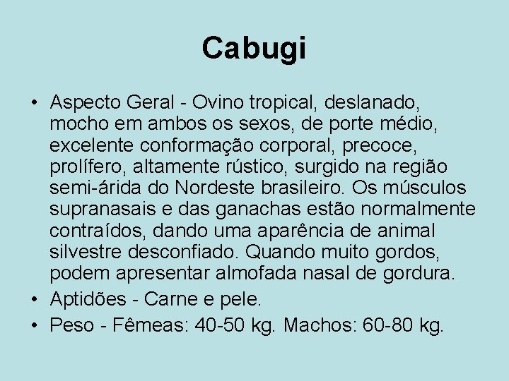 Cabugi • Aspecto Geral - Ovino tropical, deslanado, mocho em ambos os sexos, de